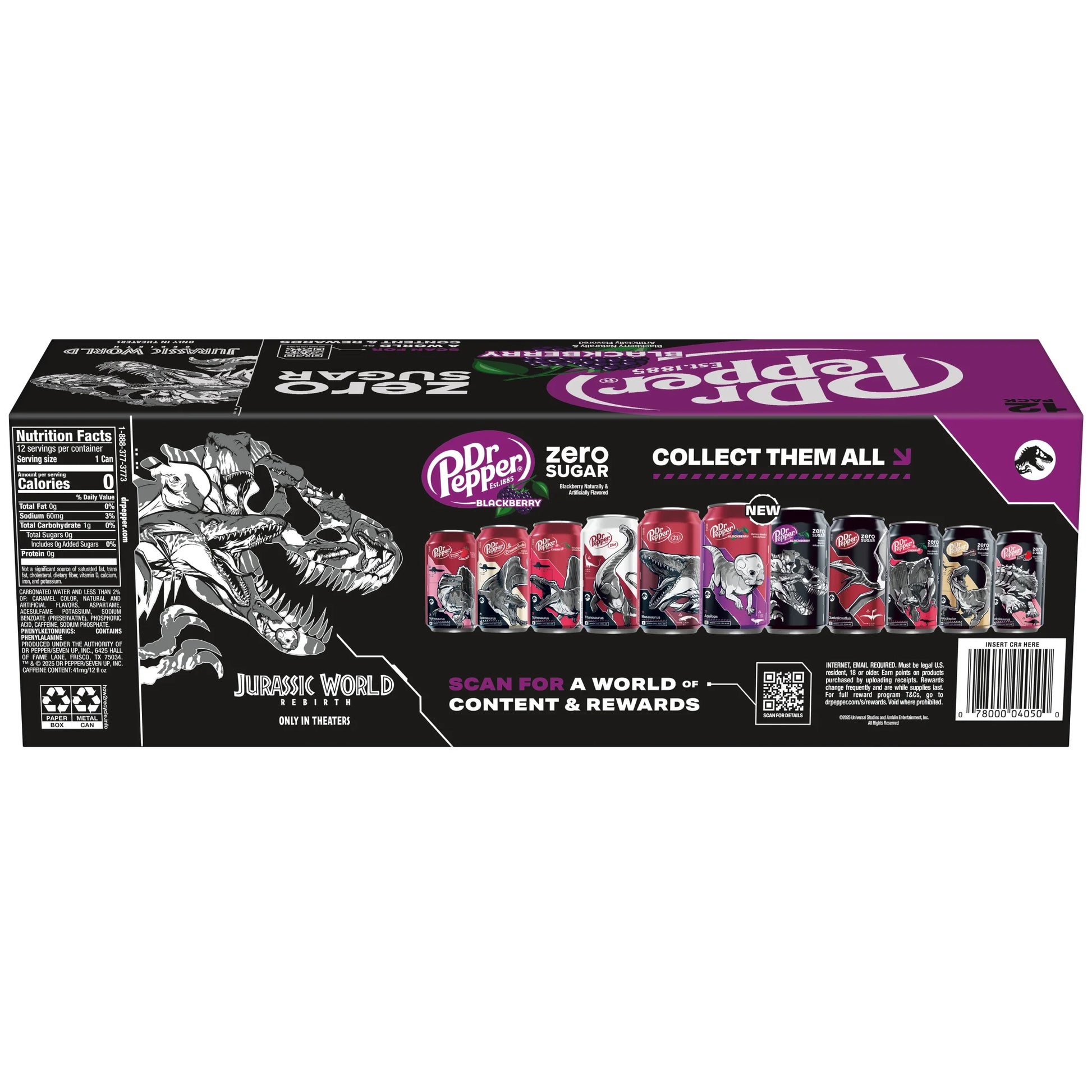 Dr Pepper Blackberry Zero Sugar Soda Pop, 12 Fl Oz, 12 Pack Cans, Jurassic World Rebirth Limited Edition