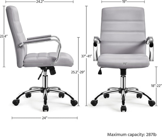 Mid-Back Office Chair with Arms Swivel PU Leather Height Adjustable Office Executive Chair, Light Gray