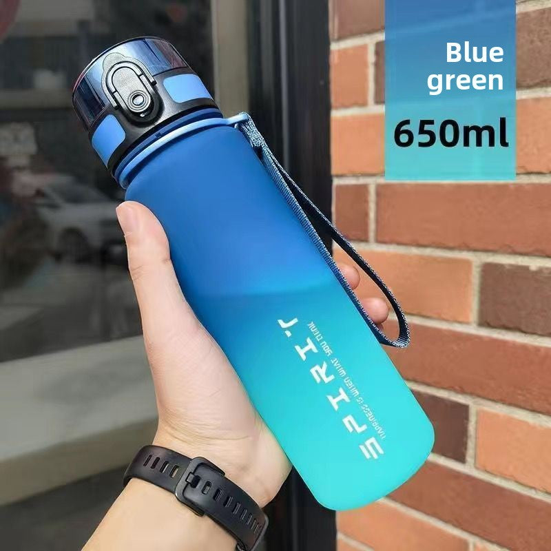 The sports water cup is made of plastic with a large capacity