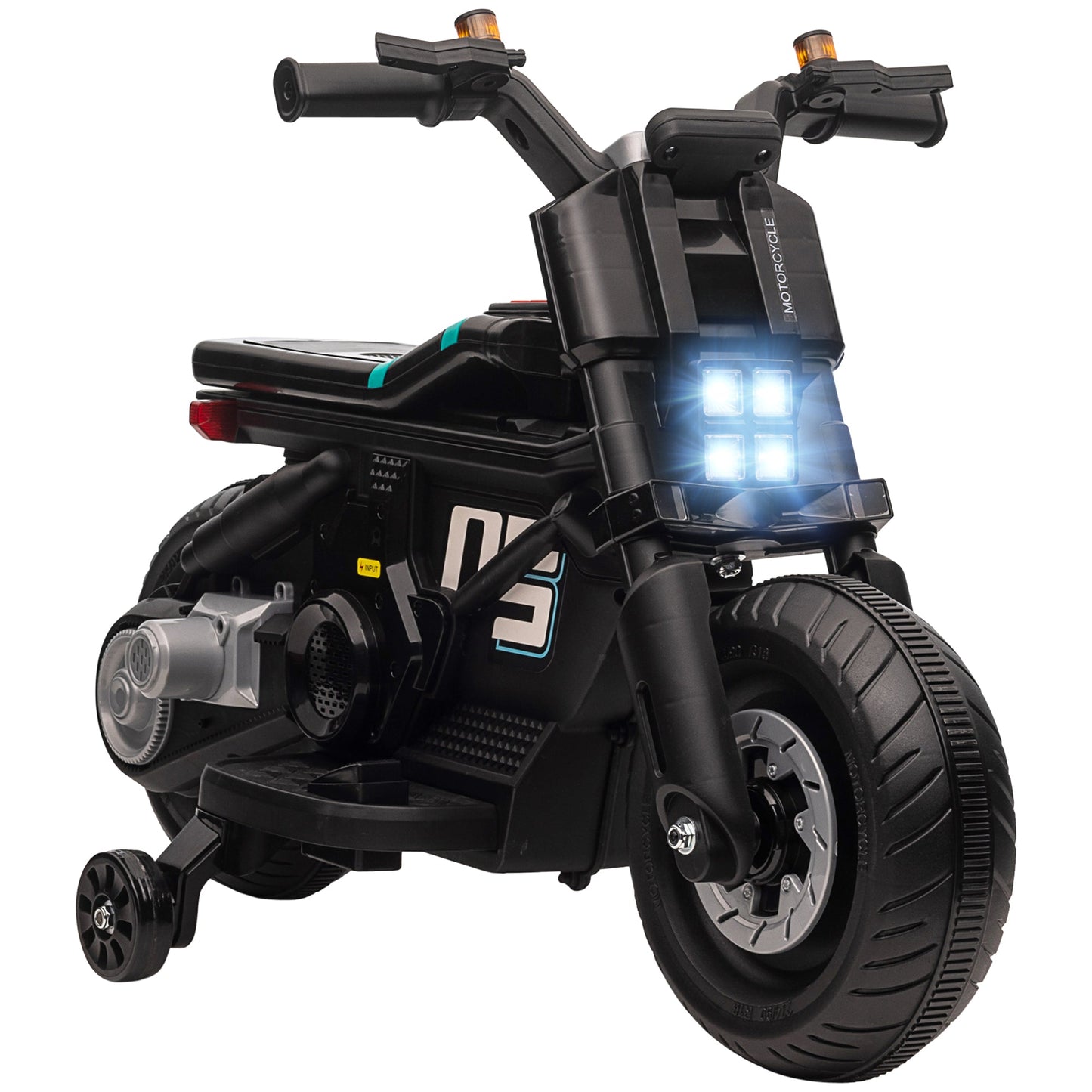 PlayPatch™ Kids Electric Motorbike with Siren, Horn, Headlights, Music, Training Wheels, for Ages 3-5 Years - Black