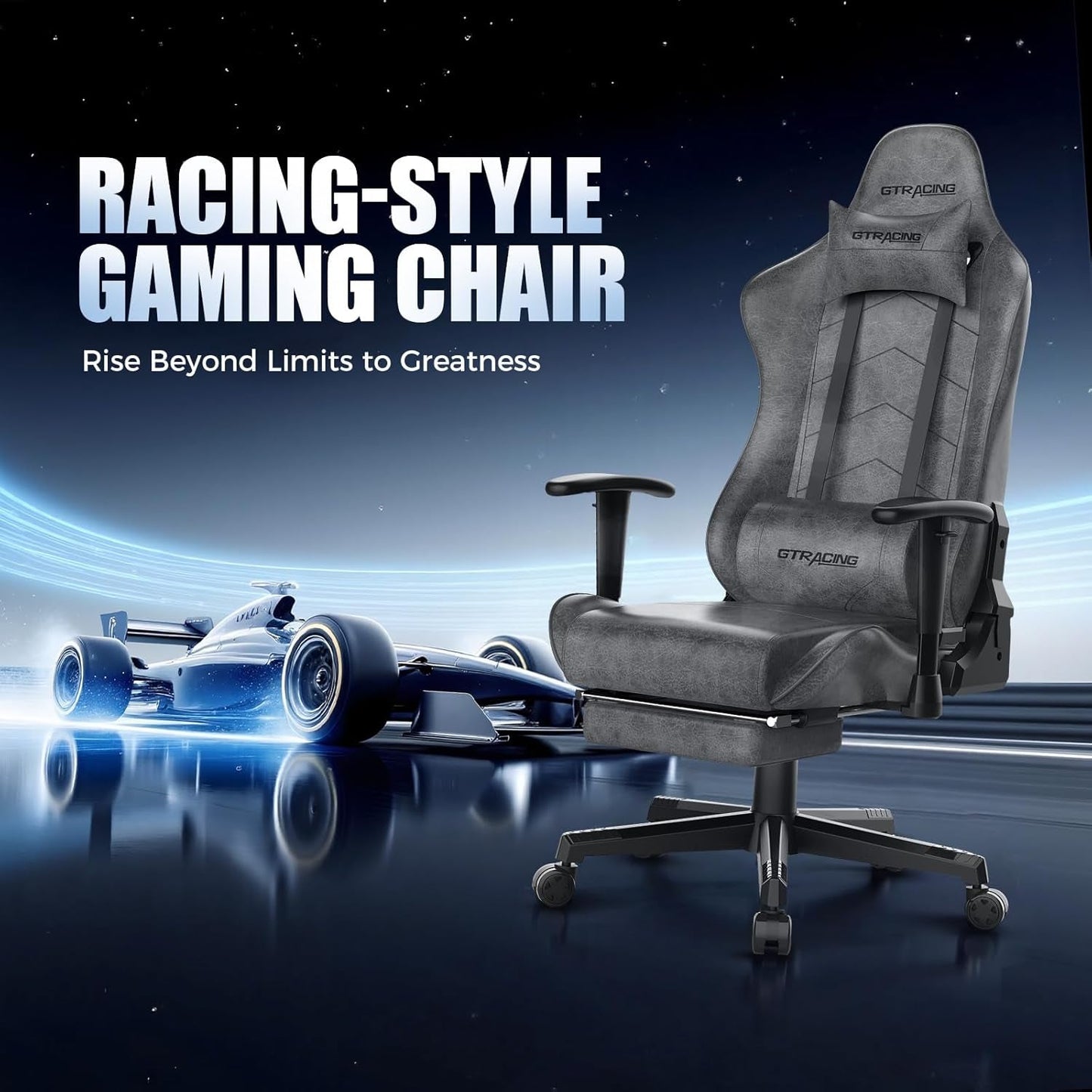 Gaming Chair with Footrest, Racing Style Computer Chair for Adult, Adjustable Reclining Backrest and Lumbar Support, Stylish High Back Chair for Gaming and Office (Dark Grey)