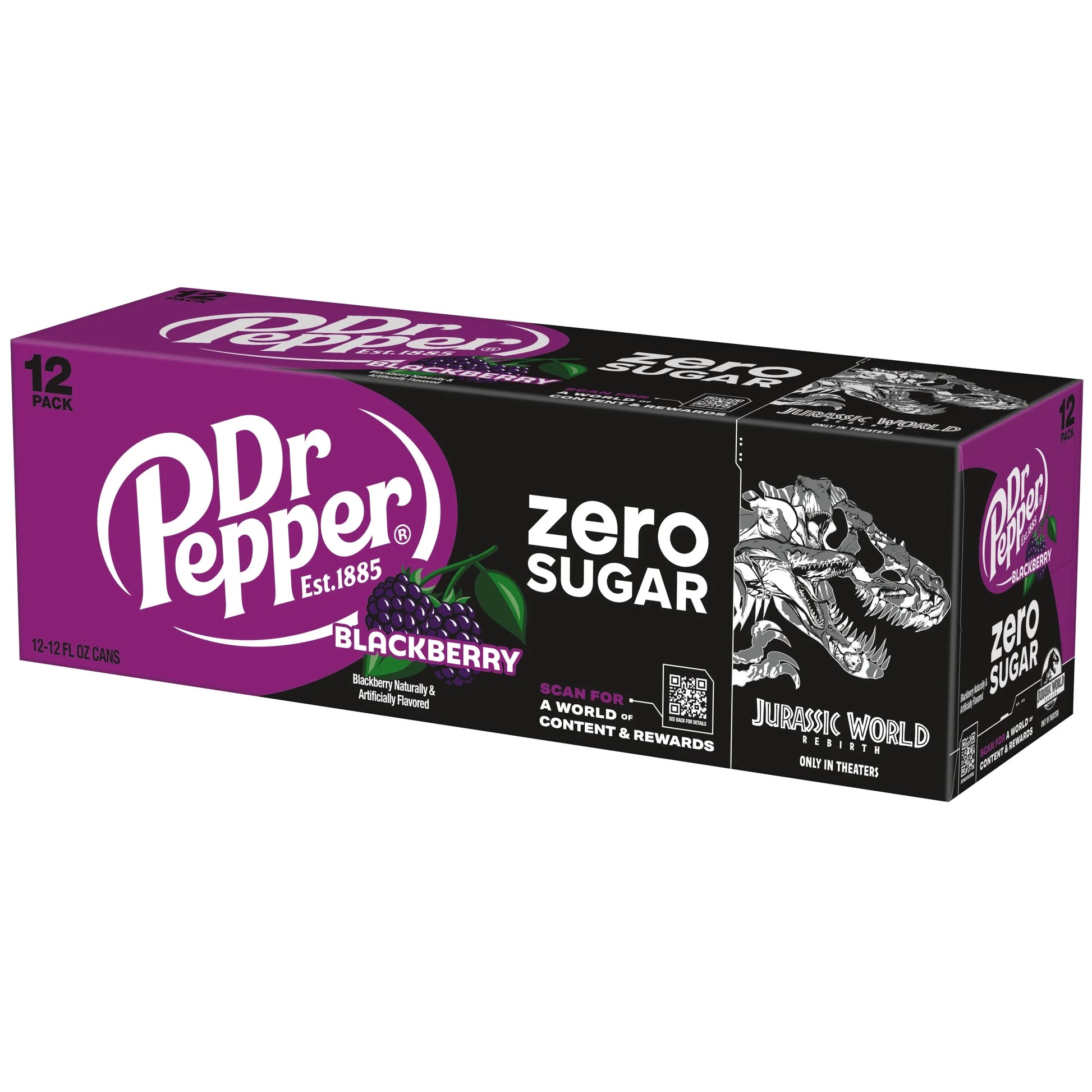 Dr Pepper Blackberry Zero Sugar Soda Pop, 12 Fl Oz, 12 Pack Cans, Jurassic World Rebirth Limited Edition
