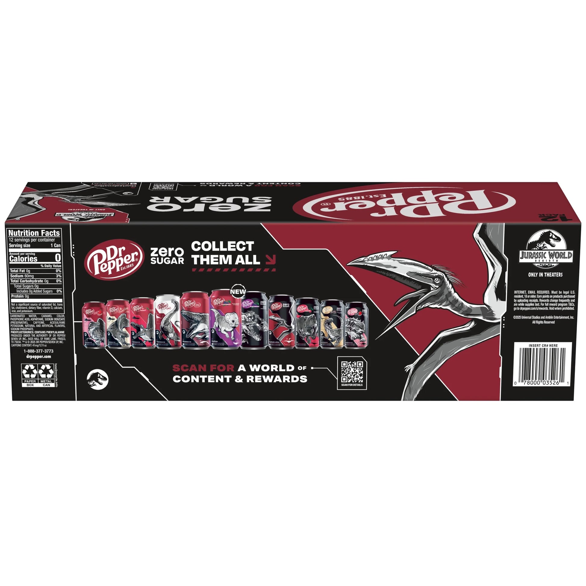 Dr Pepper Zero Sugar Soda Pop, 12 Fl Oz, 12 Pack Cans, Jurassic World Rebirth Limited Edition