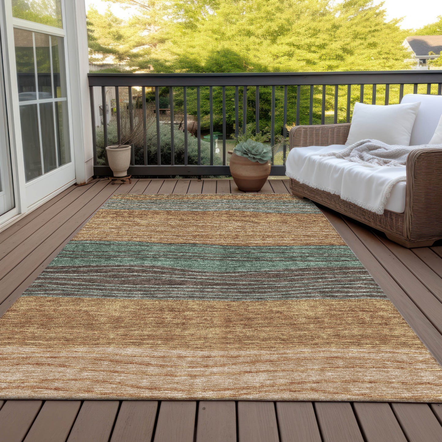 9' X 12' Terra Cotta Copper And Beige Striped Washable Indoor Outdoor Area Rug-5