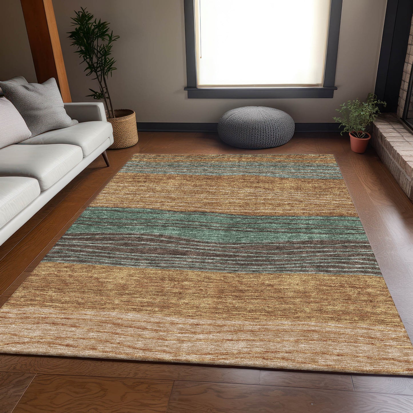 9' X 12' Terra Cotta Copper And Beige Striped Washable Indoor Outdoor Area Rug-6