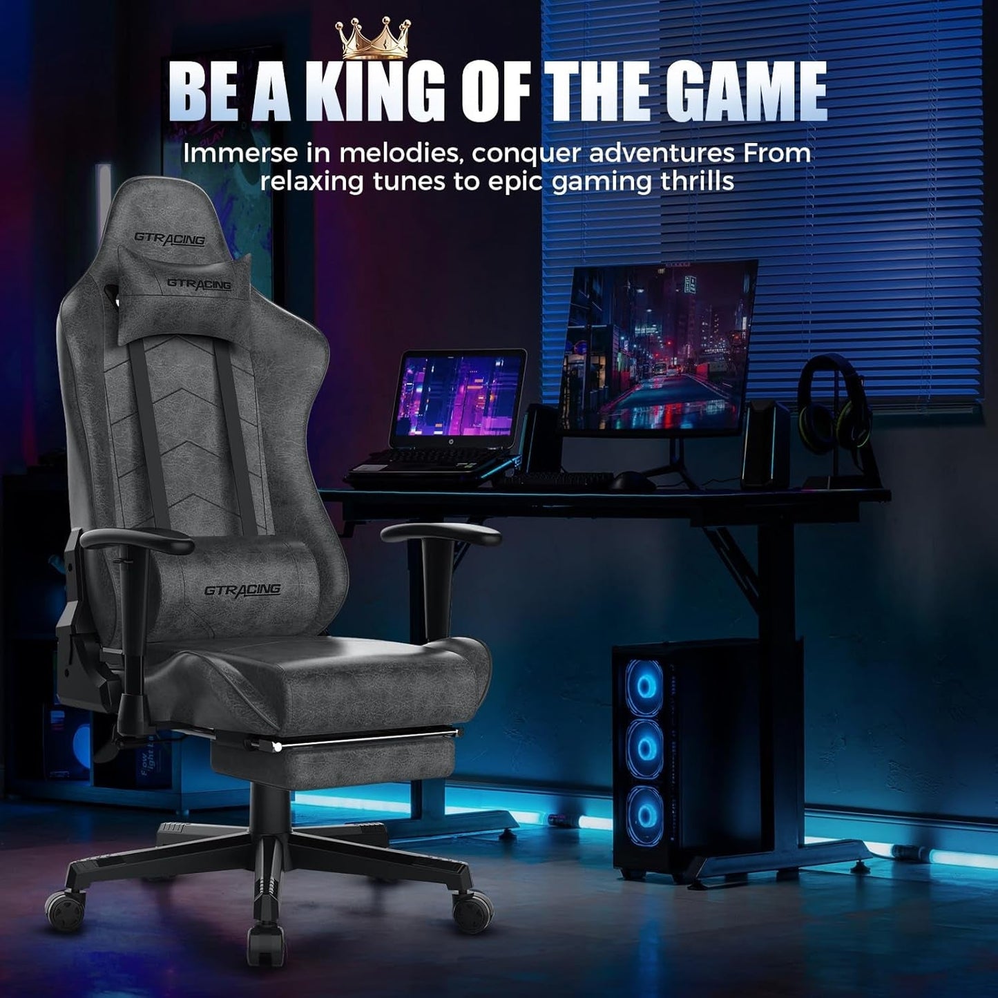 Gaming Chair with Footrest, Racing Style Computer Chair for Adult, Adjustable Reclining Backrest and Lumbar Support, Stylish High Back Chair for Gaming and Office (Dark Grey)