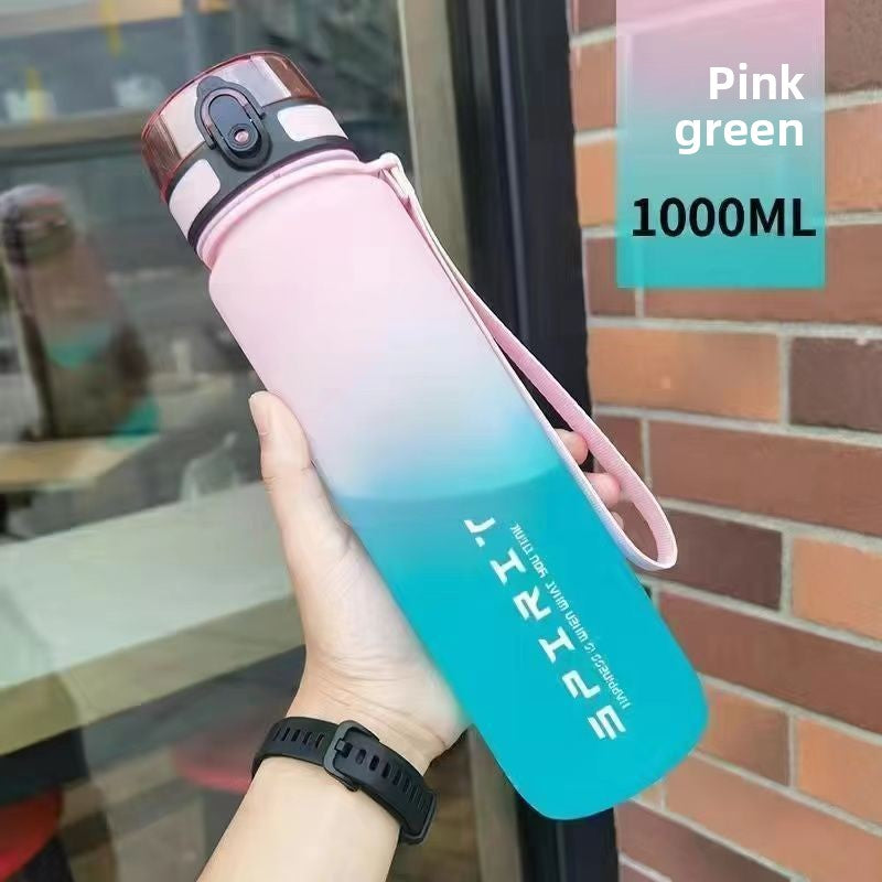 The sports water cup is made of plastic with a large capacity