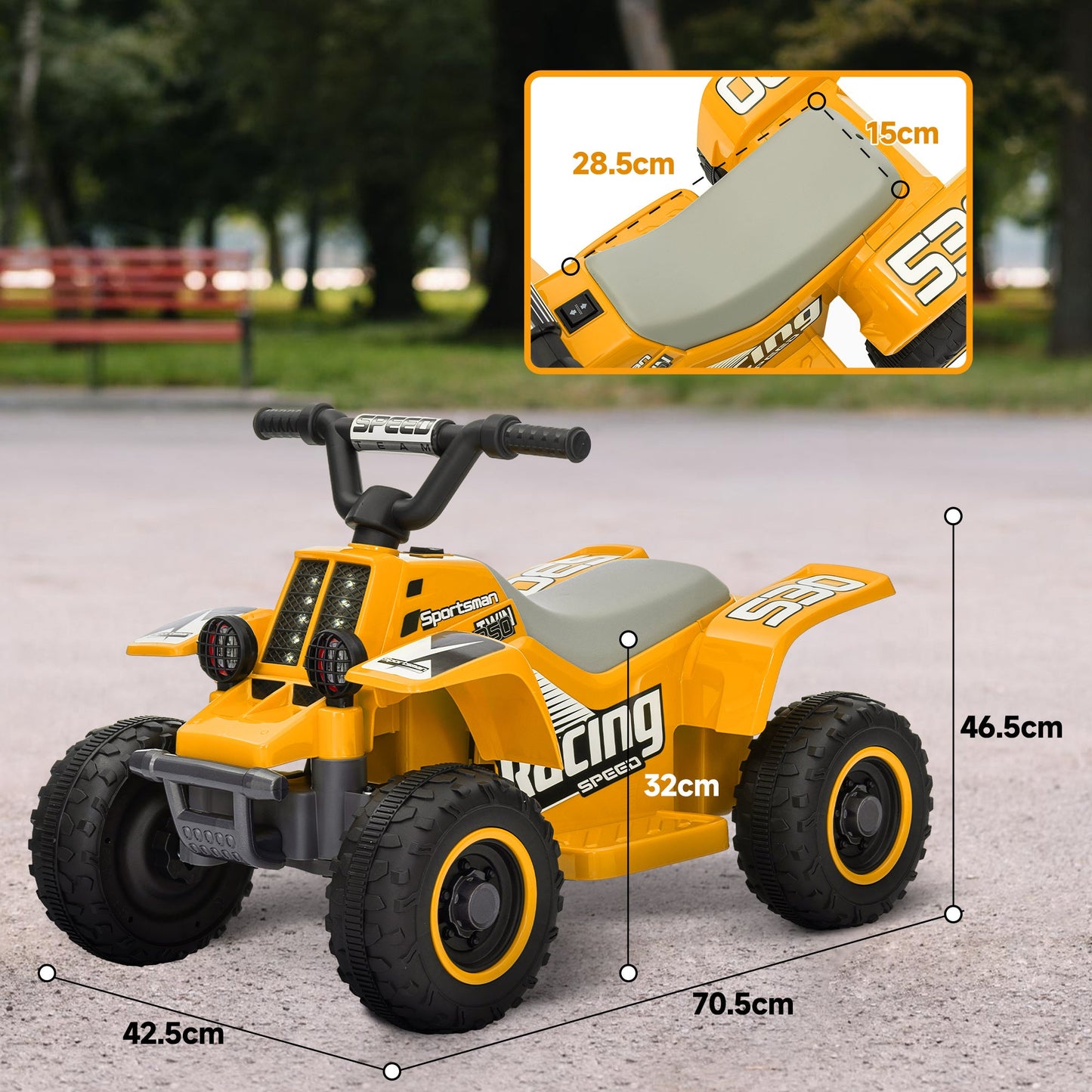 PlayPatch™ 6V Electric Quad Bike for Kids, Ride On ATV w/ Forward Backward, Headlights, for 18-36 Months - Yellow