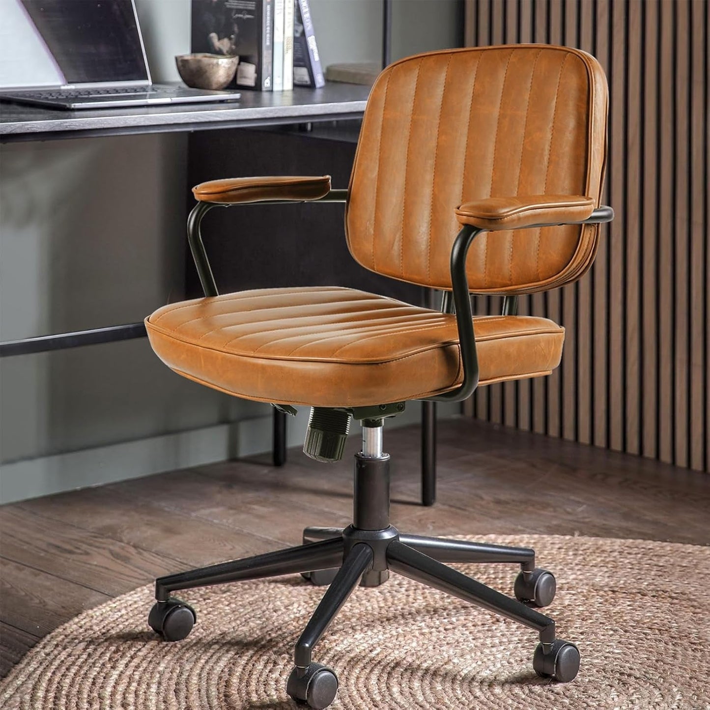Mid Century Desk Chair Leather Office Chair Brown Office Desk Chair Home Office Chair with Wheels and Arms