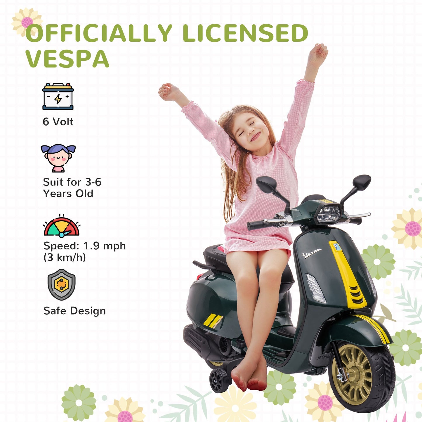 12V Vespa Licensed Kids Electric Motorbike w/ Music, Headlights, FM Radio, for 3-6 Years - Green