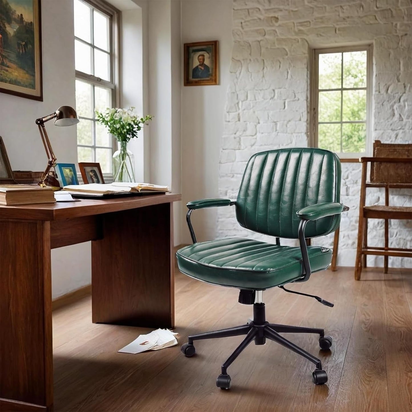 Mid Century Office Chair Leather Desk Chair Green Office Desk Chair Home Office Chair with Wheels and Arms