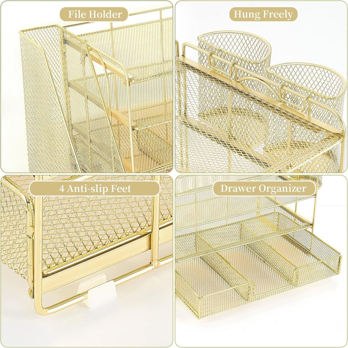 Paper Letter Tray Organizer with File Holder, 4-Tier Desk Accessories & Workspace Organizers with Drawer and 2 Pen Holder, Desk Organizers and Accessories for Office Supplies