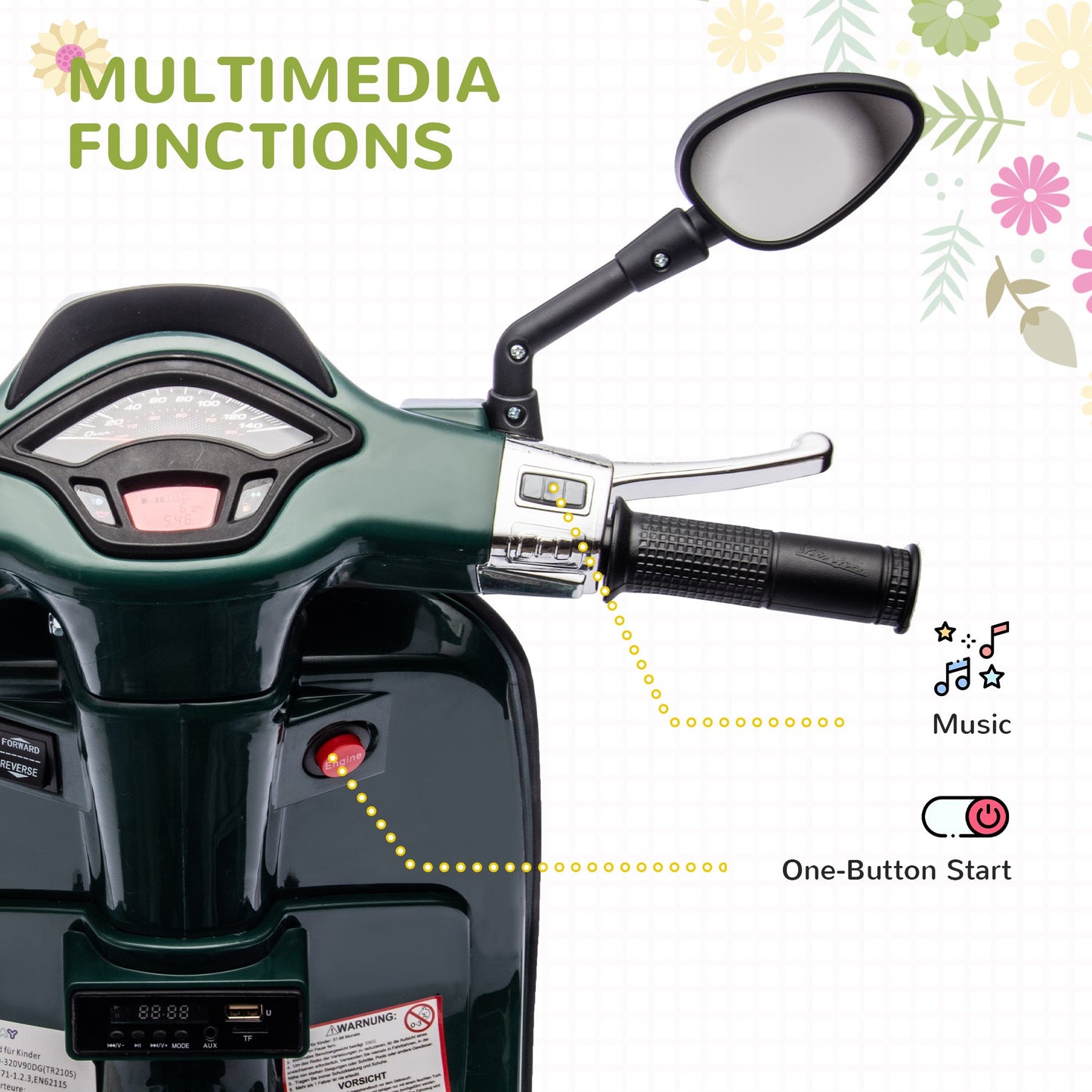 12V Vespa Licensed Kids Electric Motorbike w/ Music, Headlights, FM Radio, for 3-6 Years - Green