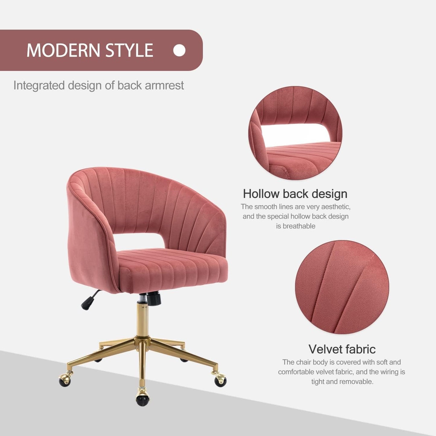 Velvet Office Desk Chair, Upholstered Home Office Desk Chairs with Adjustable Swivel Wheels, Ergonomic Office Chair for Living Room, Bedroom, Office, Vanity Study (Rose)