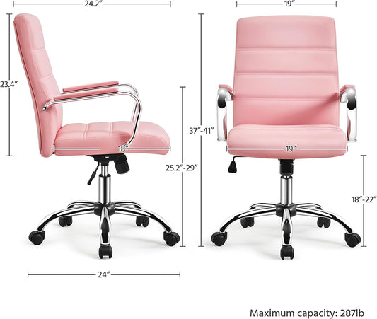 Mid-Back Office Chair with Arms 360� Swivel PU Leather Height Adjustable Office Executive Chair, Pink