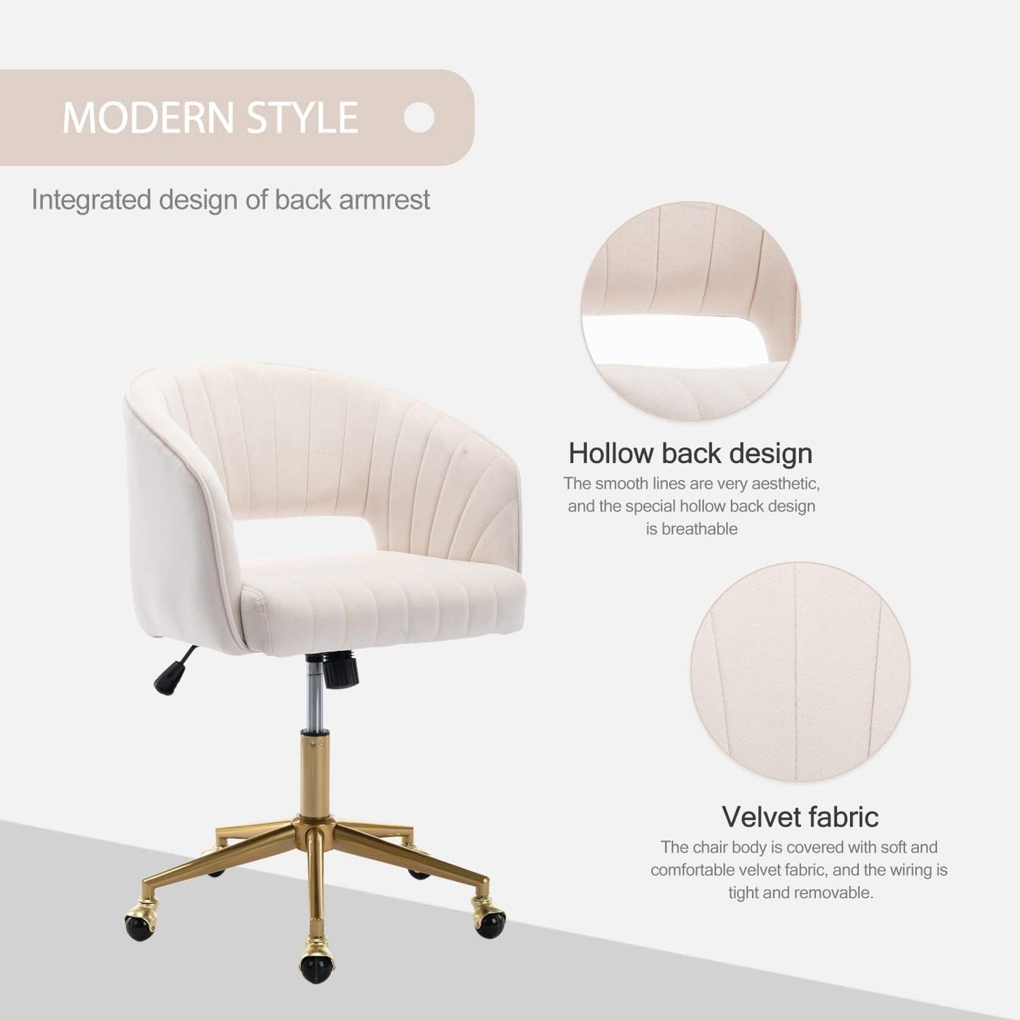 Velvet Office Desk Chair, Upholstered Home Office Desk Chairs with Adjustable Swivel Wheels, Ergonomic Office Chair for Living Room, Bedroom, Office, Vanity Study (Beige)