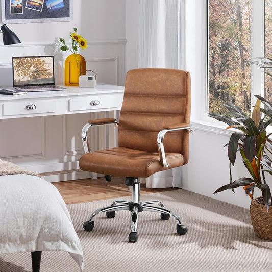 Mid-Back Office Chair with Arms Swivel PU Leather Height Adjustable Office Executive Chair, Retro Brown