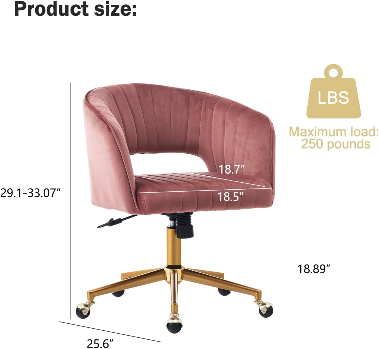 Velvet Office Desk Chair, Upholstered Home Office Desk Chairs with Adjustable Swivel Wheels, Ergonomic Office Chair for Living Room, Bedroom, Office, Vanity Study (Rose)
