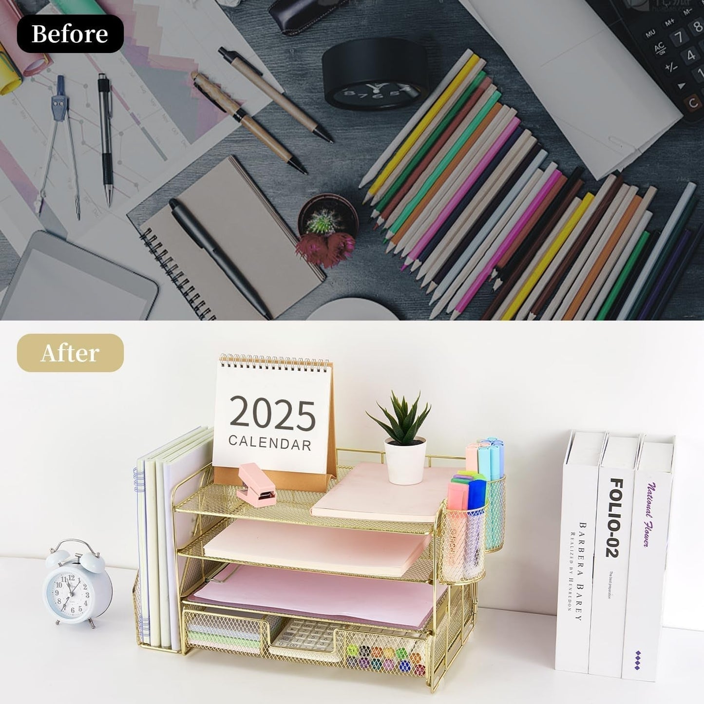 Paper Letter Tray Organizer with File Holder, 4-Tier Desk Accessories & Workspace Organizers with Drawer and 2 Pen Holder, Desk Organizers and Accessories for Office Supplies