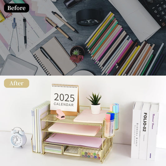 Paper Letter Tray Organizer with File Holder, 4-Tier Desk Accessories & Workspace Organizers with Drawer and 2 Pen Holder, Desk Organizers and Accessories for Office Supplies