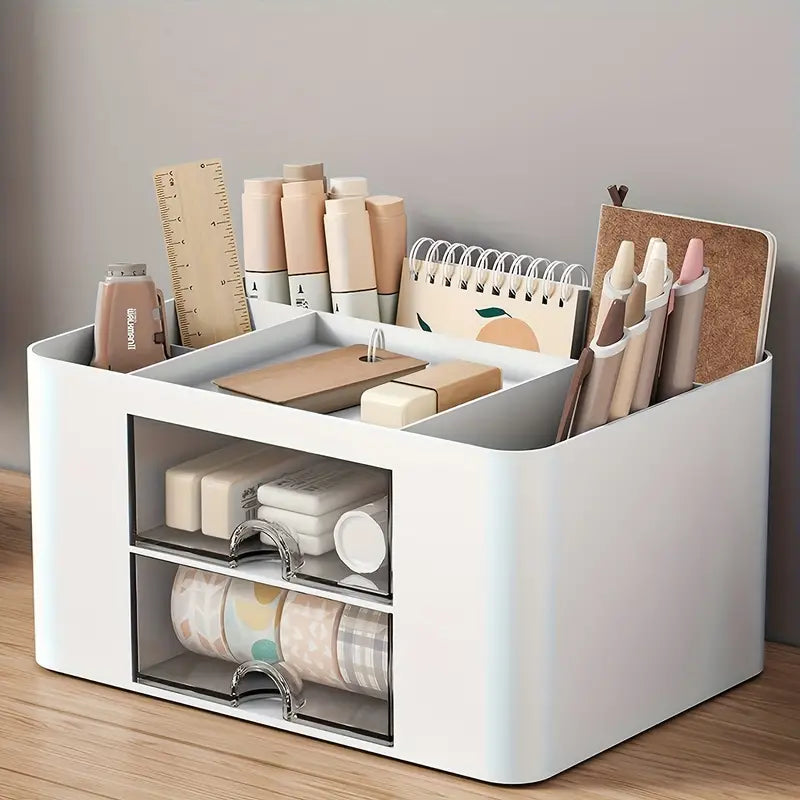 White Pen Organizer with 2 Drawers - Multi-Functional Desk and Office Supplies Holder- White