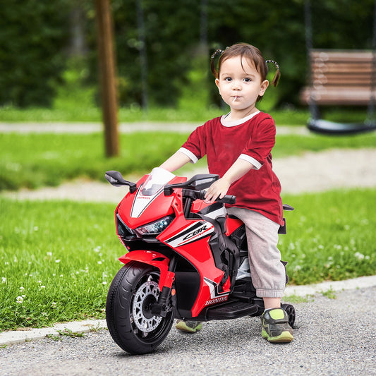 PlayPatch™ Electric Ride On Motorcycle with Headlights Music, 6V Battery Powered Kids Motorcycle Vehicle with Training Wheels, Outdoor Play Toy Red