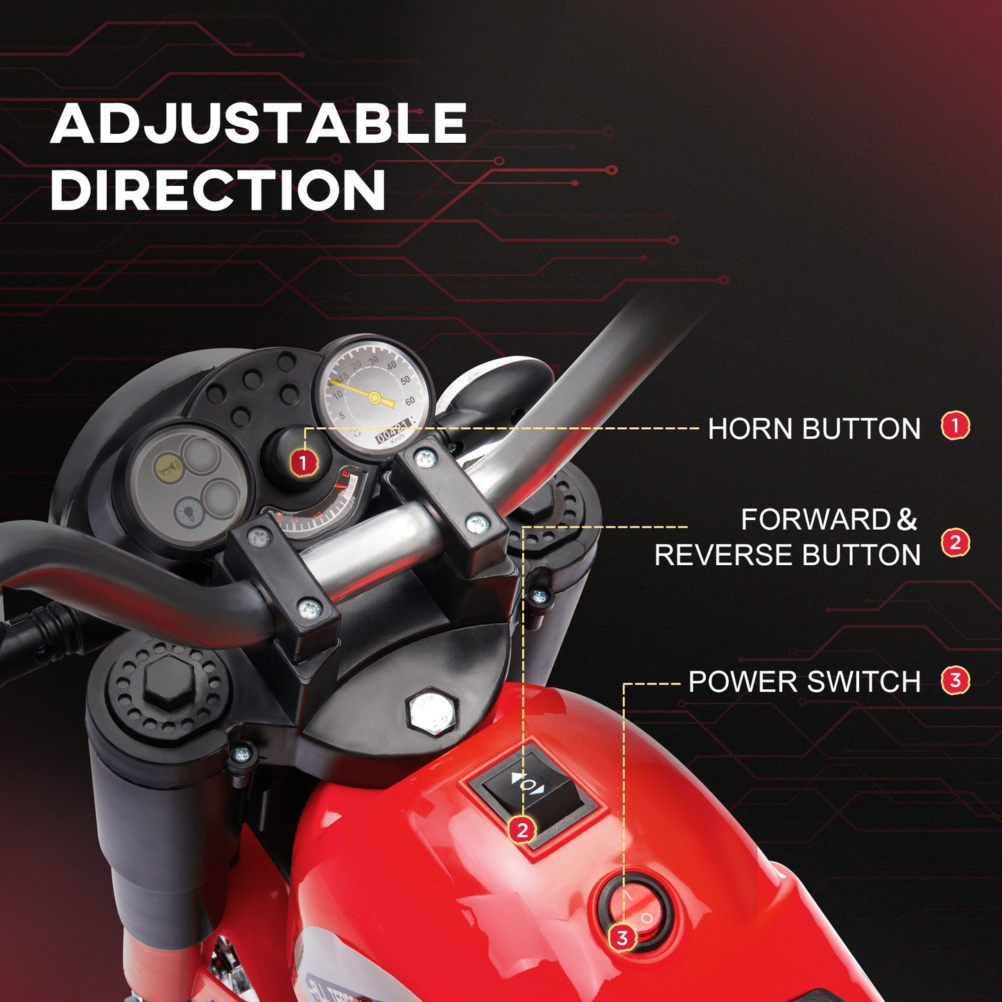 PlayPatch™ Kids Electric Motorcycle Ride-On Toy 3-Wheels Battery Powered Motorbike Rechargeable 6V with Horn Headlights Motorbike for 18 - 36 Months Red