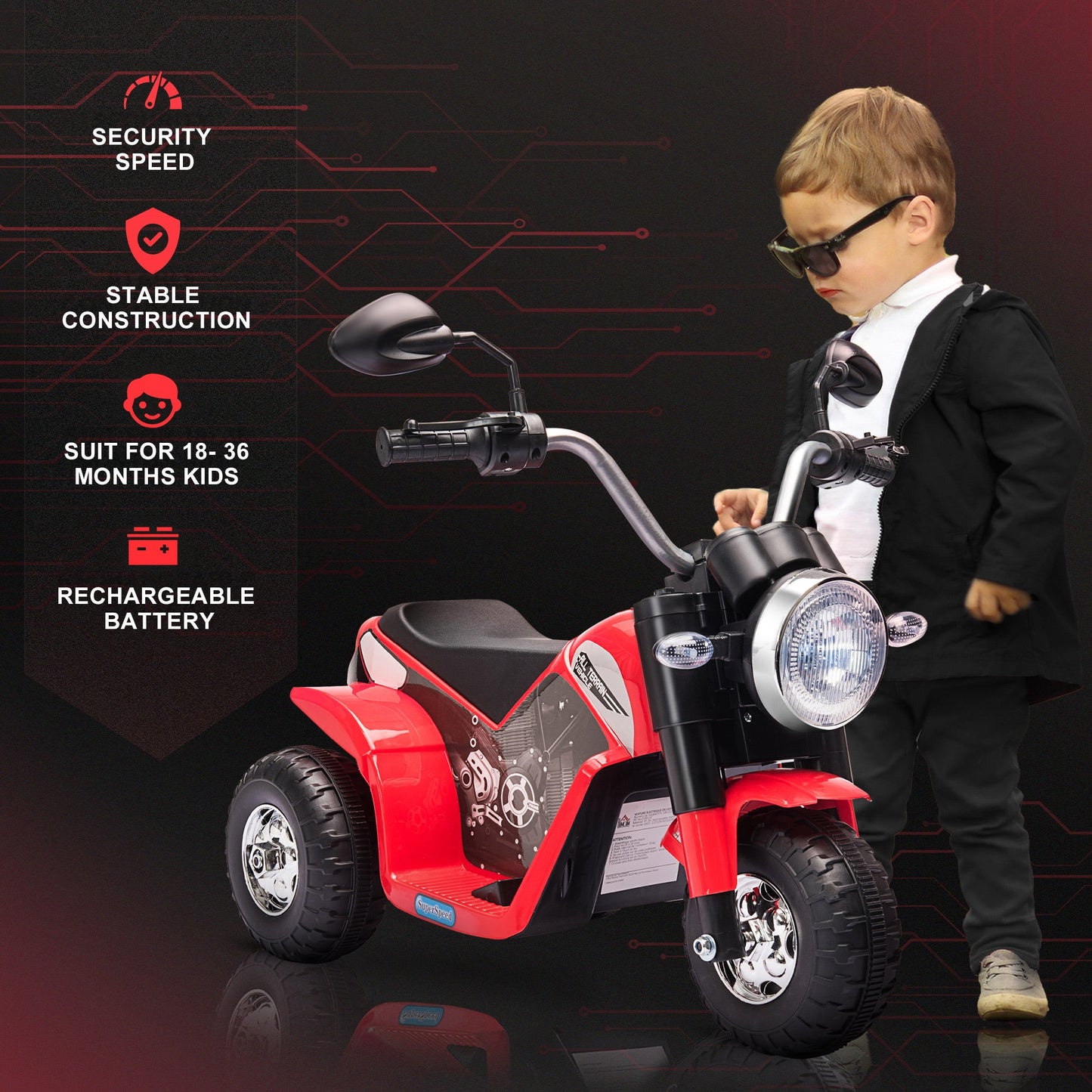 PlayPatch™ Kids Electric Motorcycle Ride-On Toy 3-Wheels Battery Powered Motorbike Rechargeable 6V with Horn Headlights Motorbike for 18 - 36 Months Red