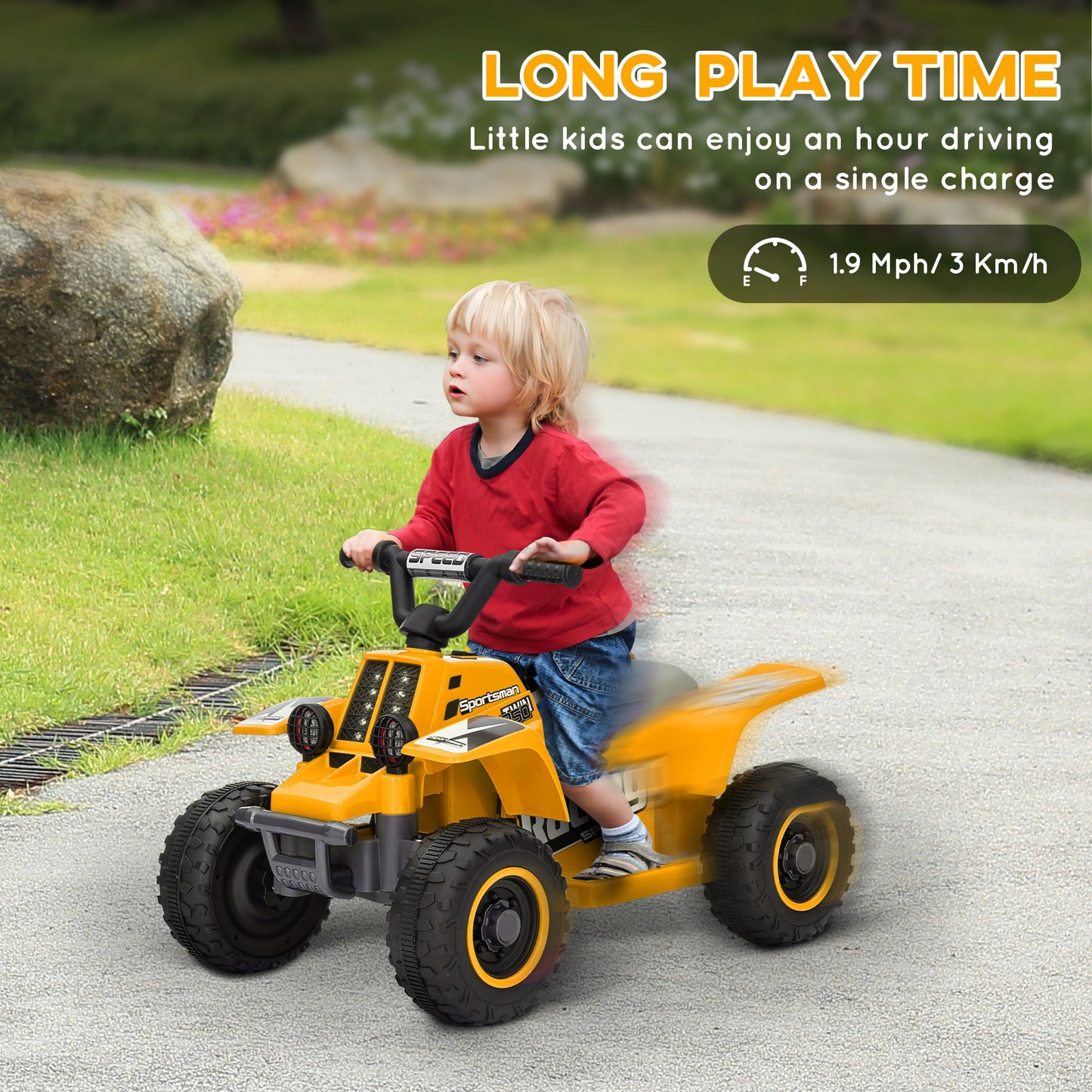 PlayPatch™ 6V Electric Quad Bike for Kids, Ride On ATV w/ Forward Backward, Headlights, for 18-36 Months - Yellow