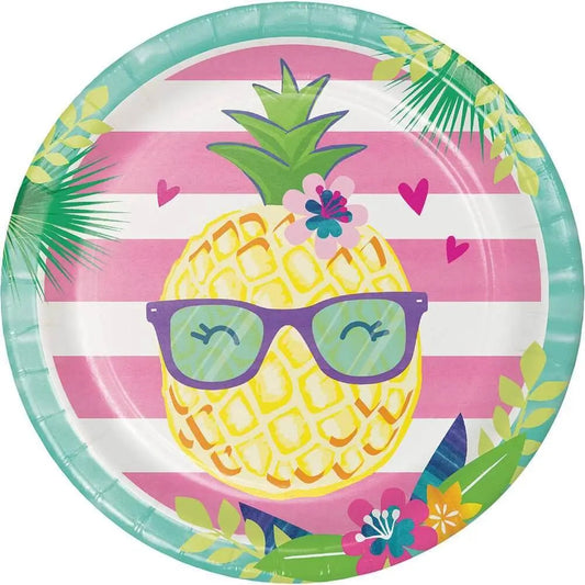 Floral Pineapple - 9" Dinner Party Plates - Pink & Green