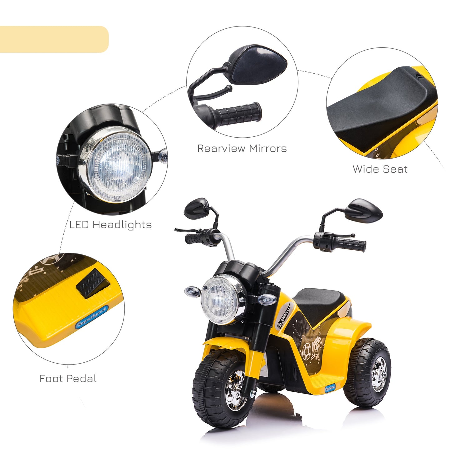 PlayPatch™ Kids Electric Motorcycle Ride-On Toy 3-Wheels Battery Powered Motorbike Rechargeable 6V with Horn Headlights for 18 - 36 Months Yellow