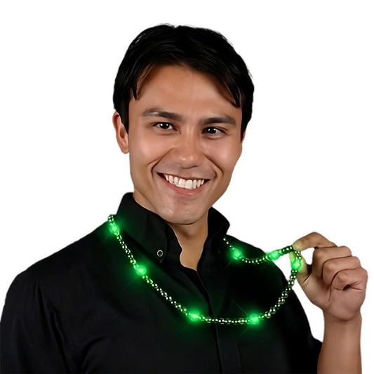 LED Necklace with Green and Gold Metallic Beads for St Patricks Day
