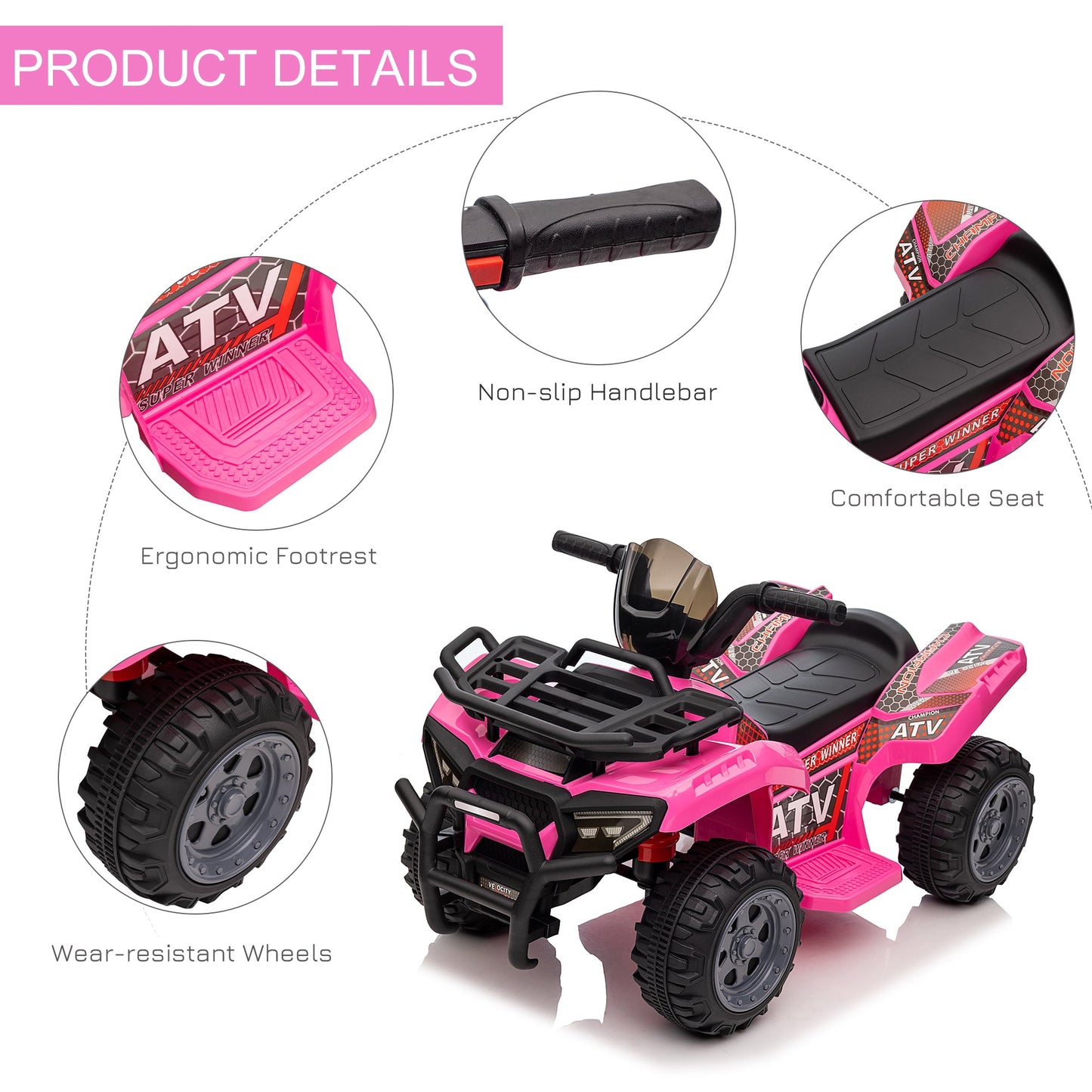 PlayPatch™ Kids Ride-on Four Wheeler ATV Car with Real Working Headlights, 6V Battery Powered Motorcycle for 18-36 Months, Pink