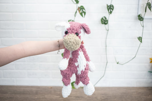 Strawberry Cow Lovey, Cow Stuffed Animal, Crochet Pink and White Cow Snuggler,-0