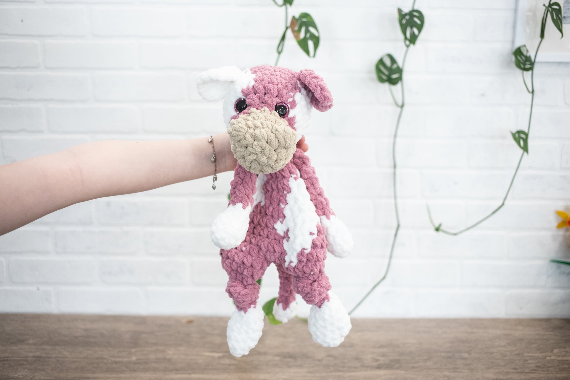 Strawberry Cow Lovey, Cow Stuffed Animal, Crochet Pink and White Cow Snuggler,-2