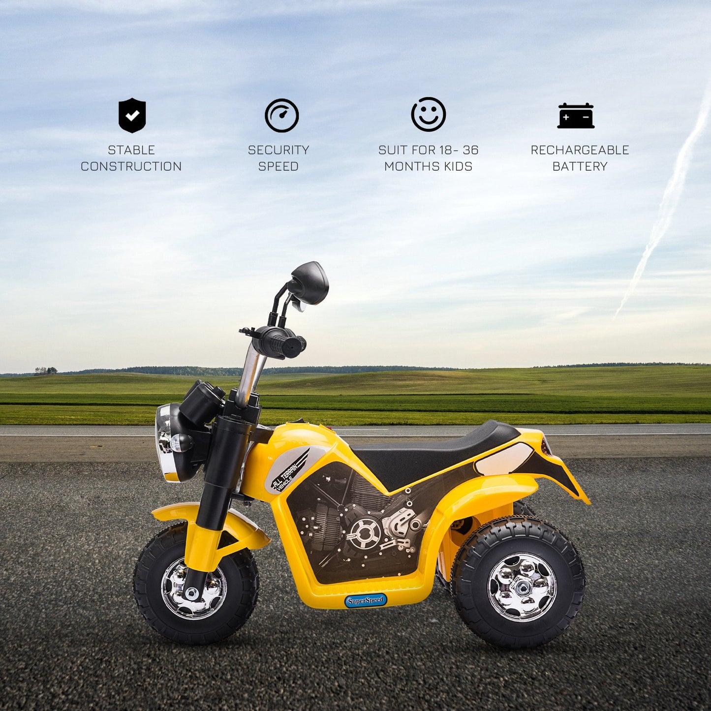 PlayPatch™ Kids Electric Motorcycle Ride-On Toy 3-Wheels Battery Powered Motorbike Rechargeable 6V with Horn Headlights for 18 - 36 Months Yellow