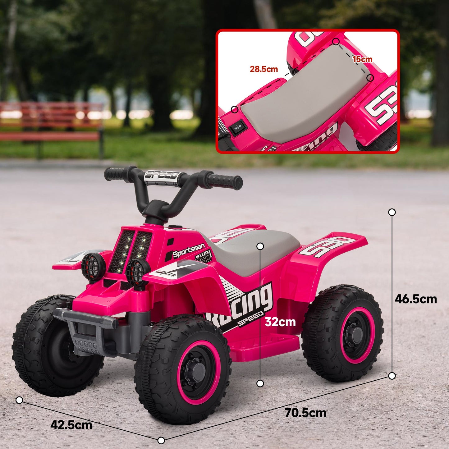 PlayPatch™ 6V Electric Quad Bike for Kids, Ride On ATV w/ Forward Backward, Headlights, for 18-36 Months - Pink