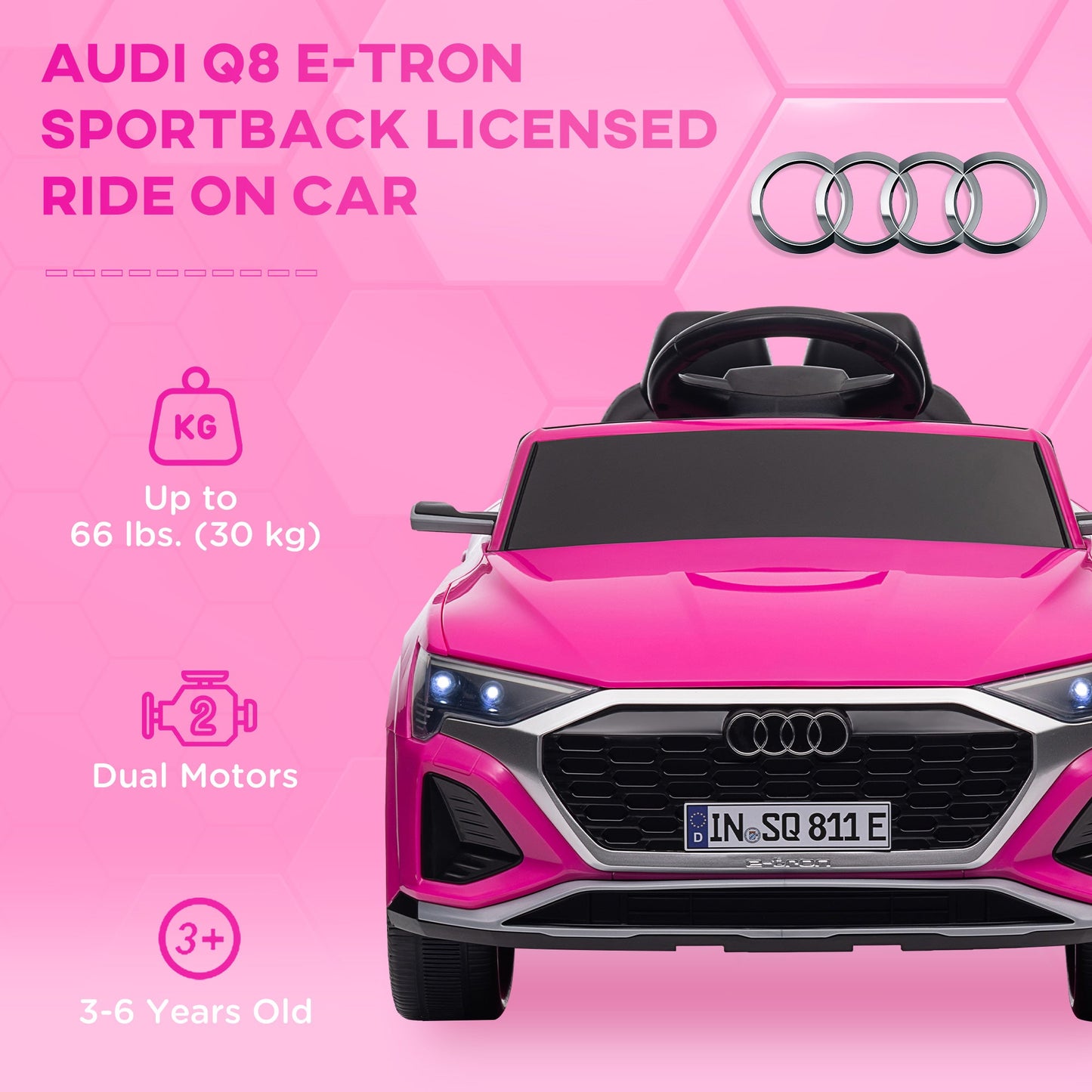 PlayPatch™ Audi Q8 e-tron Sportback Licensed 12V Ride on Car w/ Remote, 4 Spring Suspension Wheels, Headlights, Music, Horn - Pink