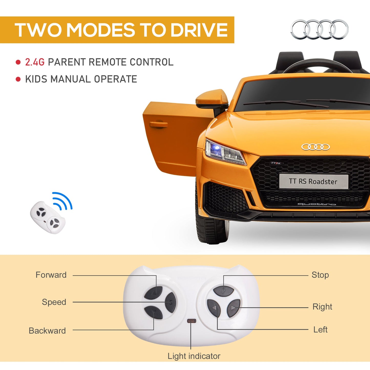 PlayPatch™ Kids Licensed Audi TT RS Ride-On Car 12V Battery w/ Remote Suspension Headlights and MP3 Player 3km/h Yellow