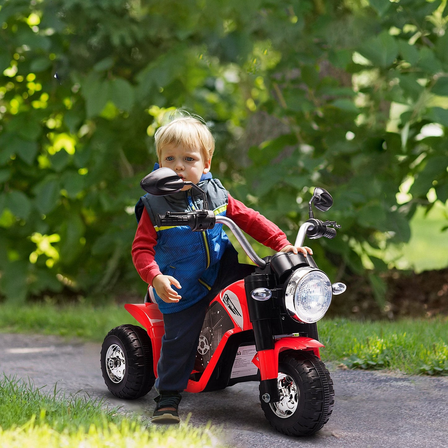 PlayPatch™ Kids Electric Motorcycle Ride-On Toy 3-Wheels Battery Powered Motorbike Rechargeable 6V with Horn Headlights Motorbike for 18 - 36 Months Red