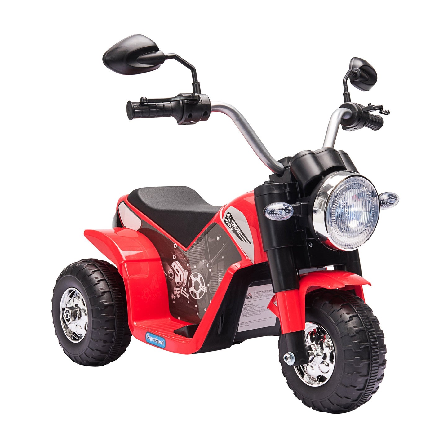 PlayPatch™ Kids Electric Motorcycle Ride-On Toy 3-Wheels Battery Powered Motorbike Rechargeable 6V with Horn Headlights Motorbike for 18 - 36 Months Red