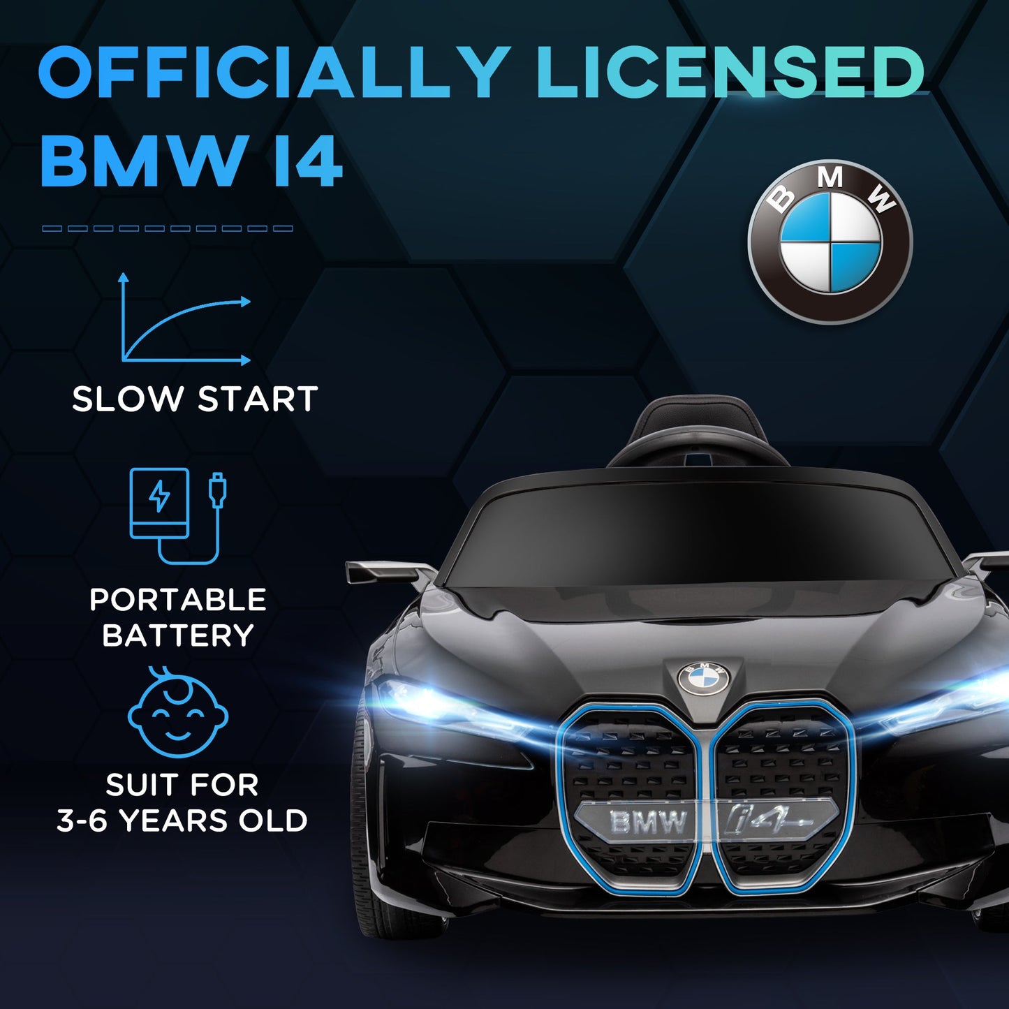 PlayPatch™ BMW i4 Licensed 12V Kids Electric Ride on Car w/ Remote Control, Powered Electric Car w/ Portable Battery, Music, Horn, Headlights