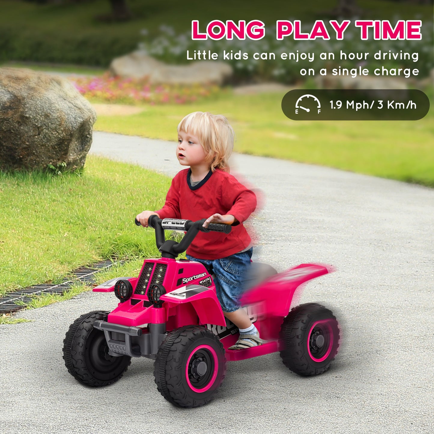 PlayPatch™ 6V Electric Quad Bike for Kids, Ride On ATV w/ Forward Backward, Headlights, for 18-36 Months - Pink