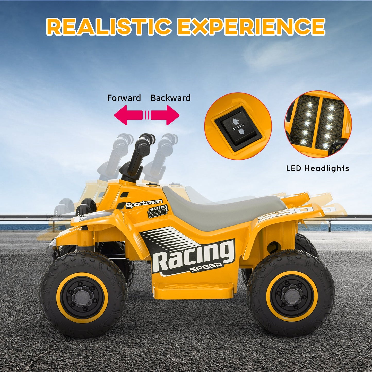 PlayPatch™ 6V Electric Quad Bike for Kids, Ride On ATV w/ Forward Backward, Headlights, for 18-36 Months - Yellow