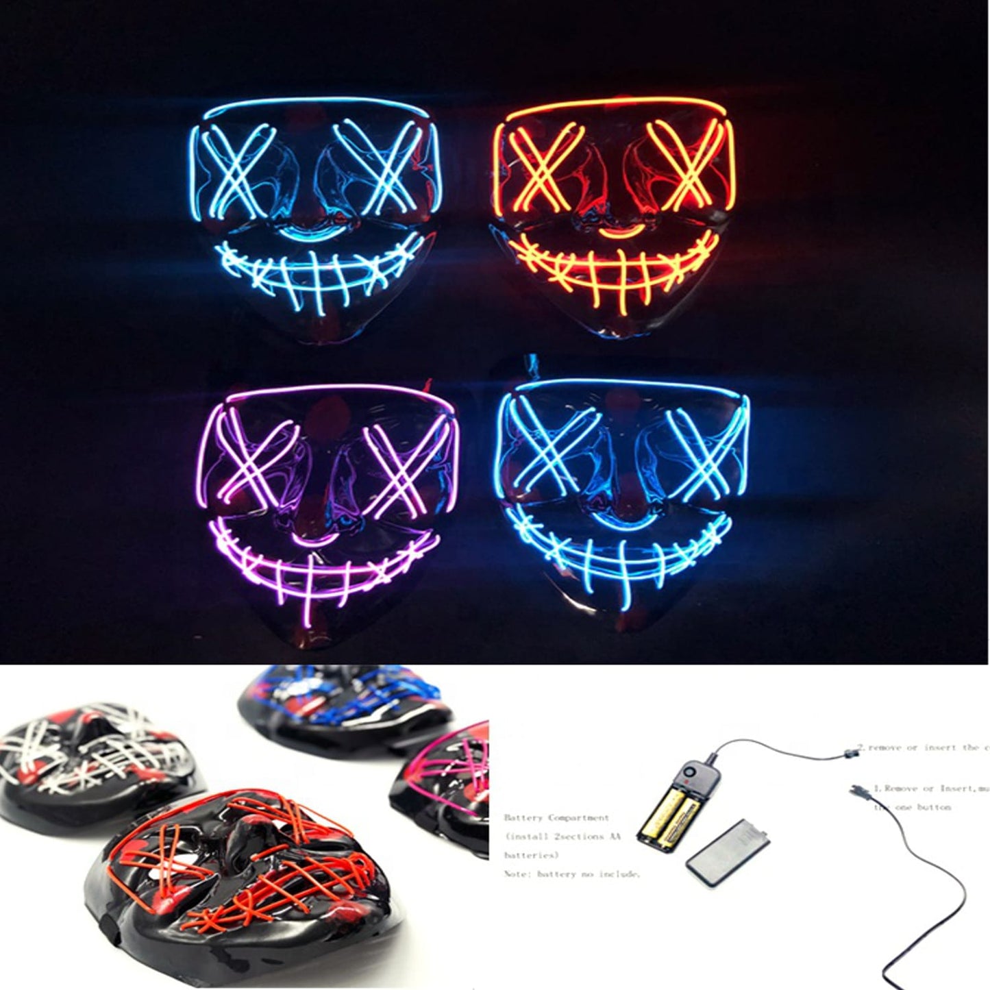 Rave EL Wire Halloween Party Mask Assorted Colors 1 Piece