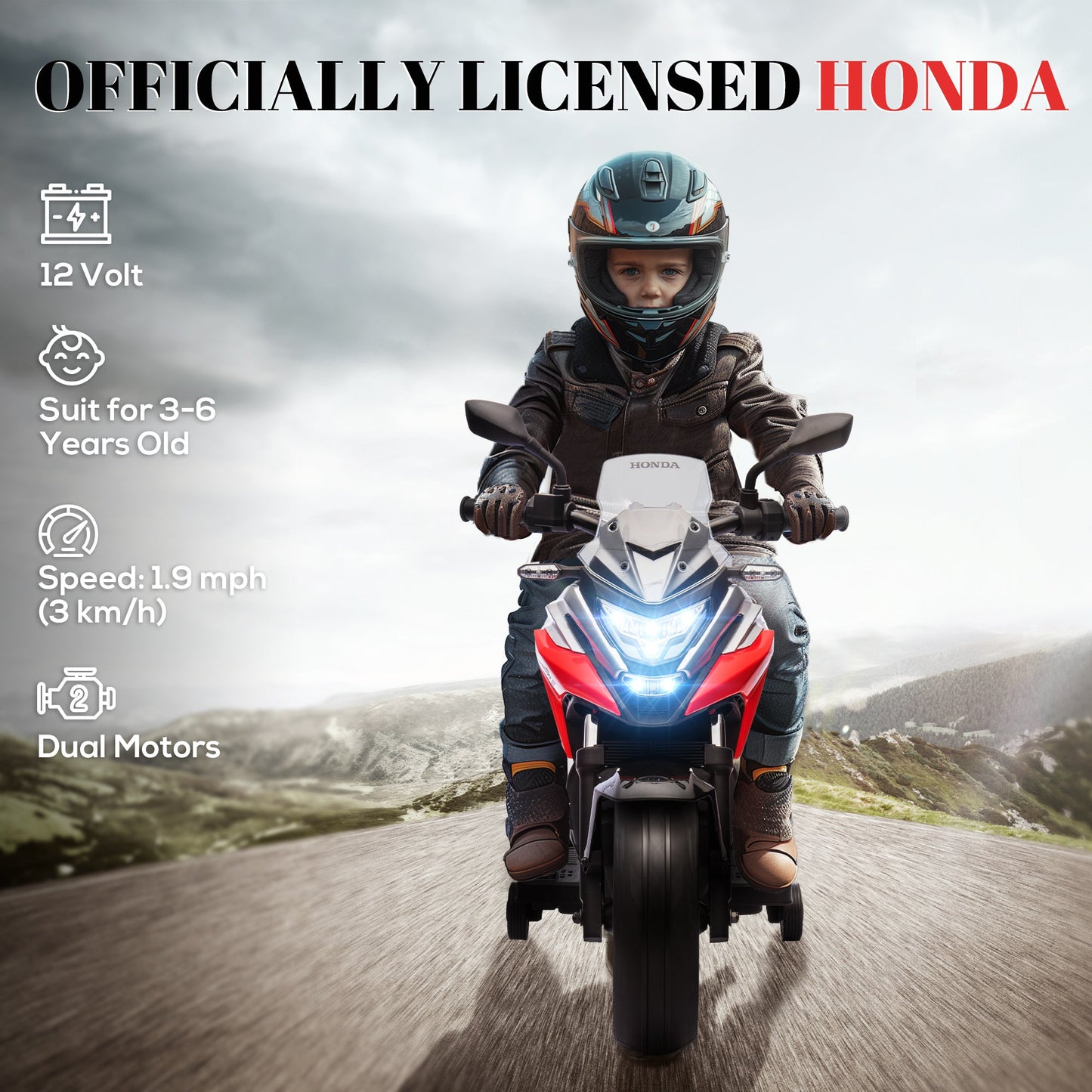 12V Honda Licensed Kids Electric Motorbike w/ Music, Headlights, Early Education Function, for Ages 3-6 Years, Red