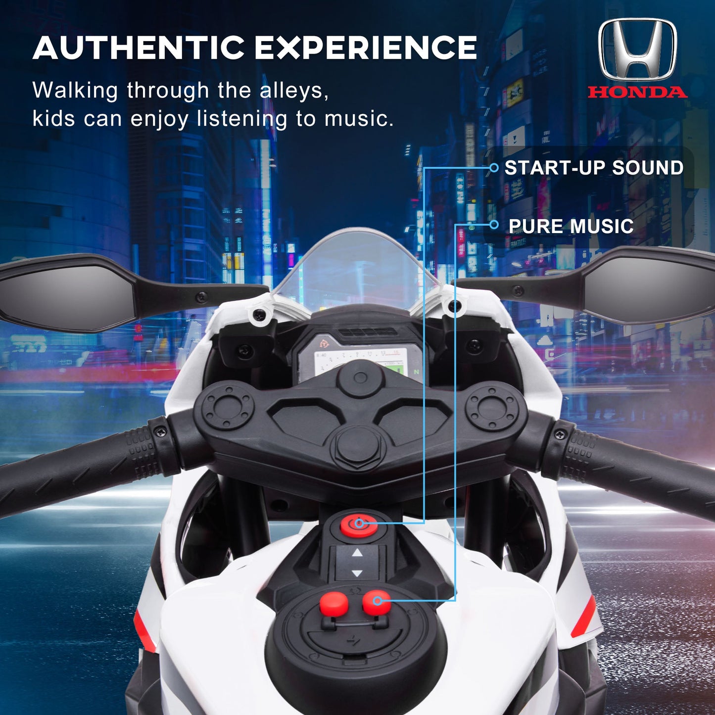 PlayPatch™ Electric Ride On Motorcycle with Headlights Music, 6V Battery Powered Kids Motorcycle Vehicle with Training Wheels, for 3-5 Years Old, White