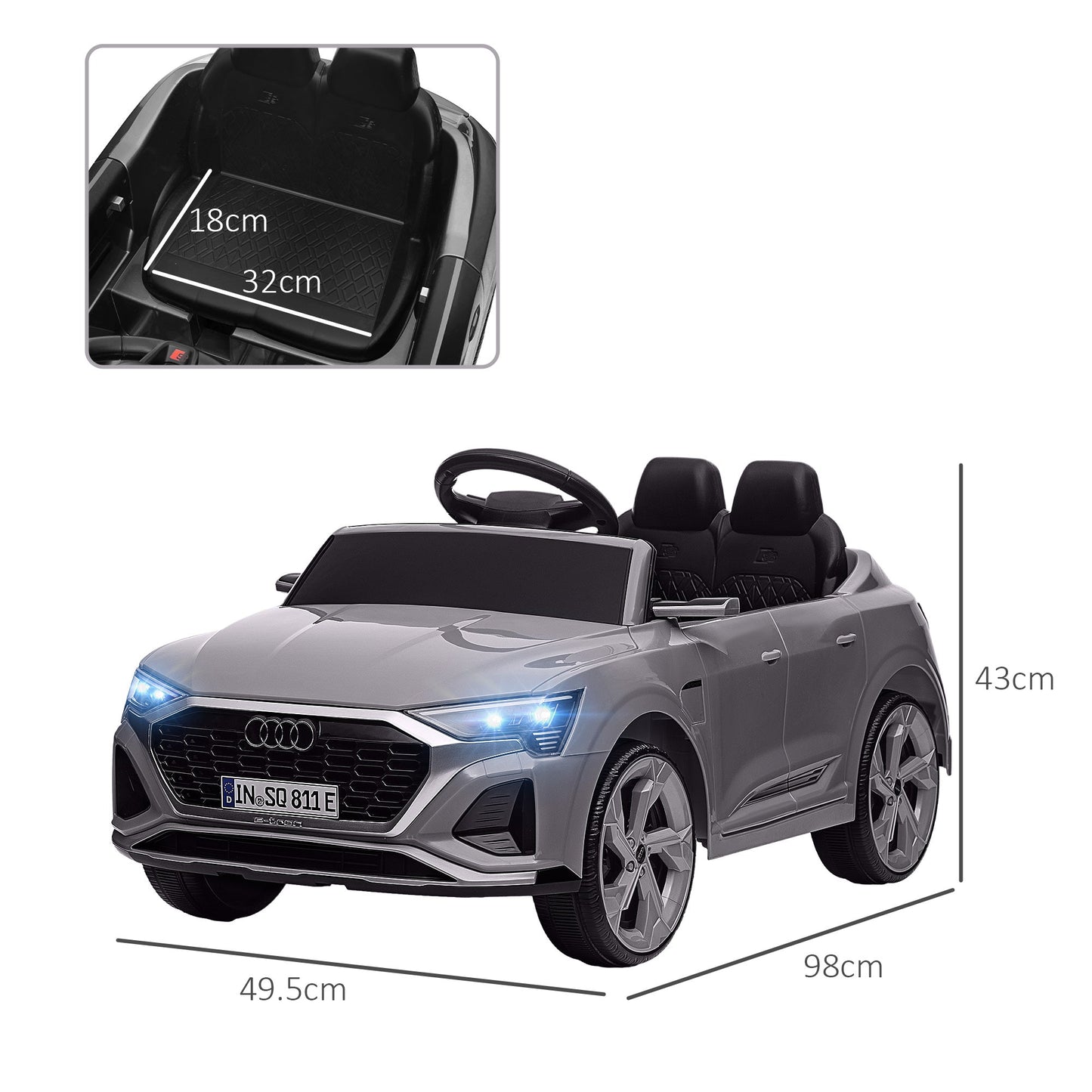 PlayPatch™ Audi Q8 e-tron Sportback Licensed 12V Ride on Car w/ Remote, 4 Spring Suspension Wheels, Headlights, Music, Horn - Grey