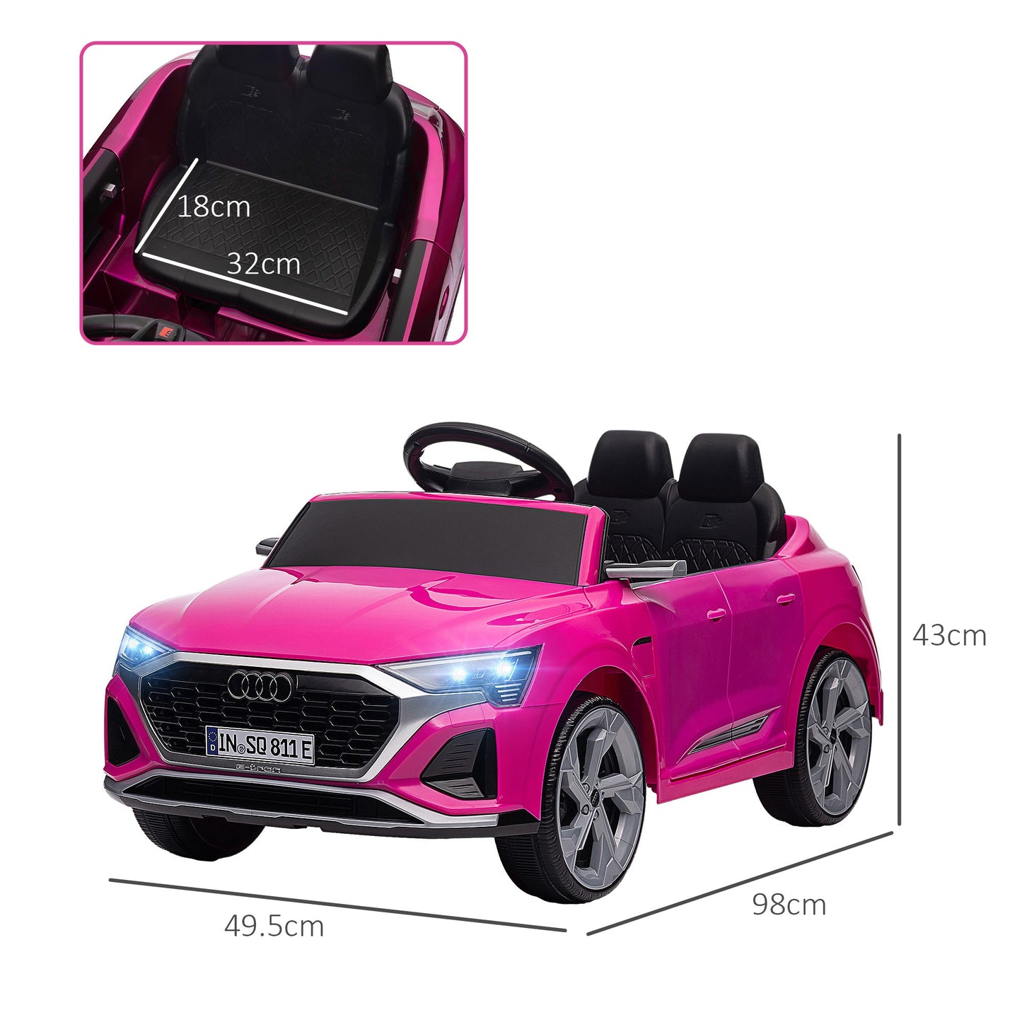 PlayPatch™ Audi Q8 e-tron Sportback Licensed 12V Ride on Car w/ Remote, 4 Spring Suspension Wheels, Headlights, Music, Horn - Pink