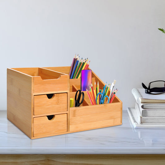 CoreOffice™ Organizer Holder Multi-Function Storage Caddy Drawers Home Office Stationary Supplies 7 Storage Compartments and 2 Drawers Natural Wood